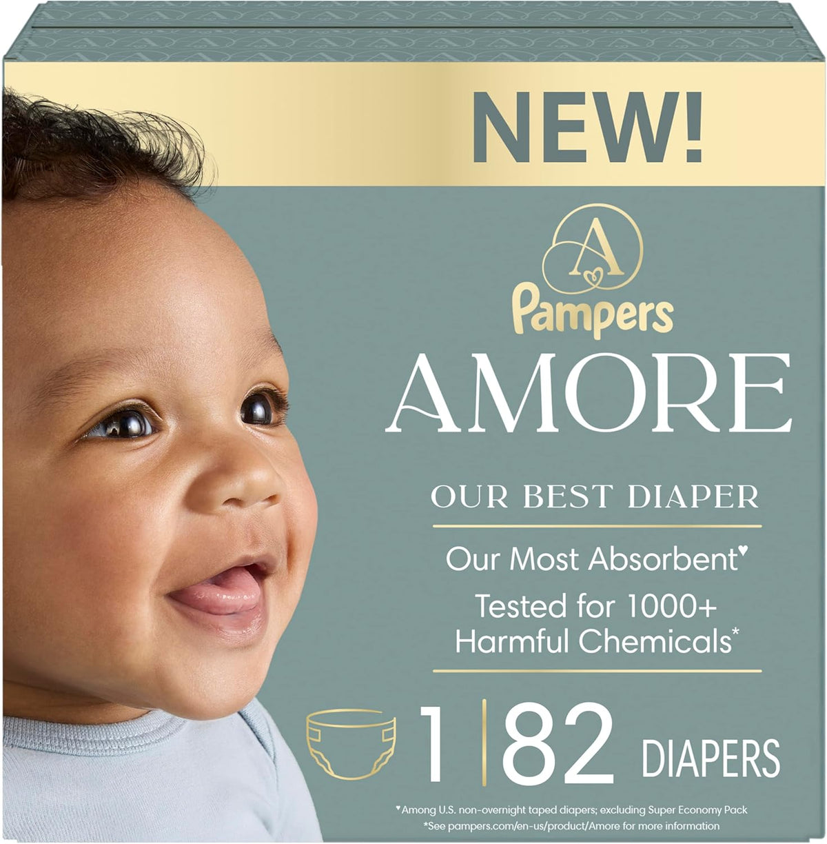 Pampers Amore, Size 1 (8-14 lbs), 82 Count, Our Best Diaper – Hypoallergenic & Fragrance Free, Up to 100% Leakproof, Soft as Cashmere