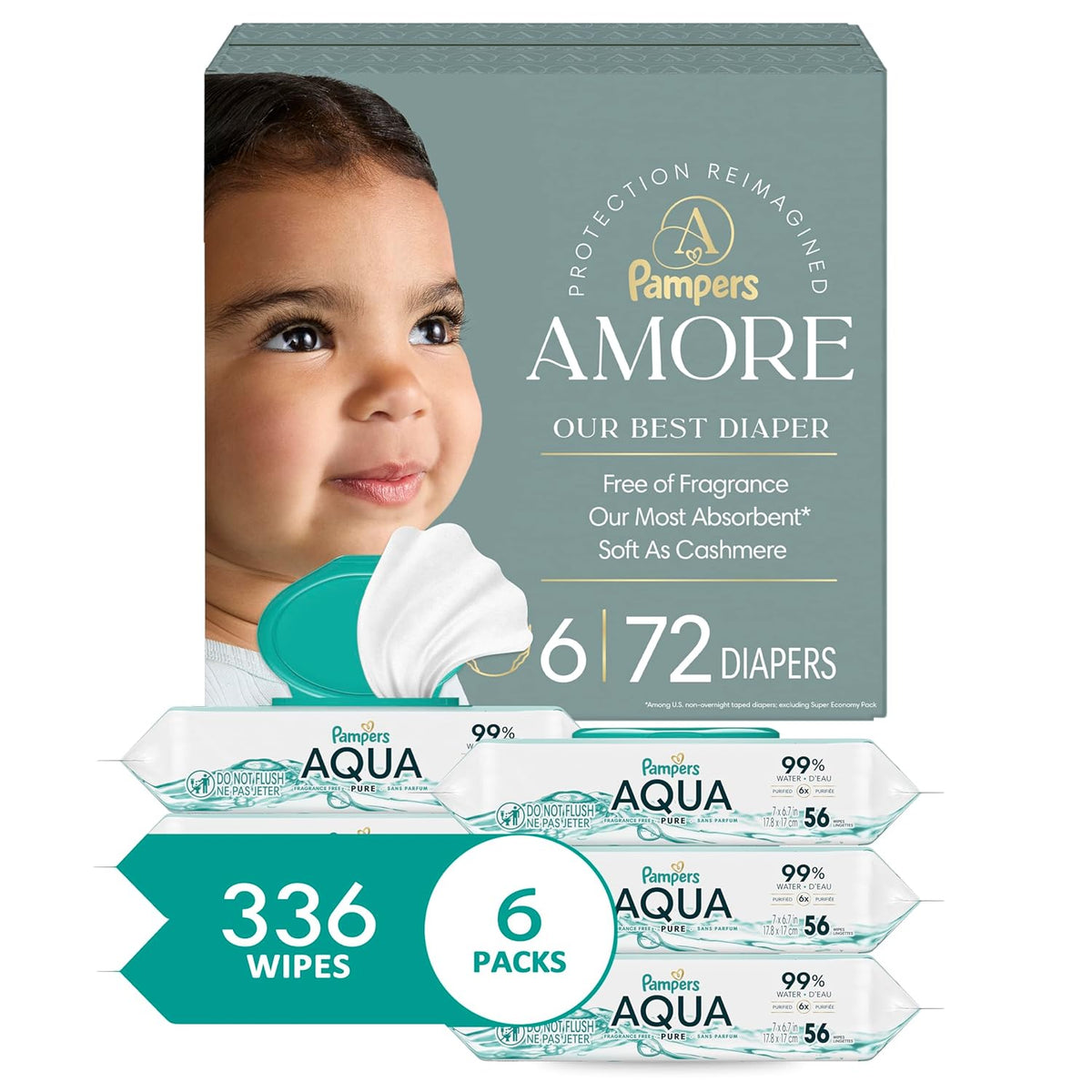 Bundle of Pampers Amore, Size 6 (23-44 lbs), 72 Count, Our Best Diaper + Pampers Aqua Pure Baby Wipes, 99% Water, Fragrance Free, 336 Baby Wipes Total (6X Flip-Top Packs) [Packaging May Vary]