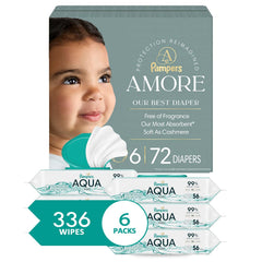 Bundle of Pampers Amore, Size 6 (23-44 lbs), 72 Count, Our Best Diaper + Pampers Aqua Pure Baby Wipes, 99% Water, Fragrance Free, 336 Baby Wipes Total (6X Flip-Top Packs) [Packaging May Vary]