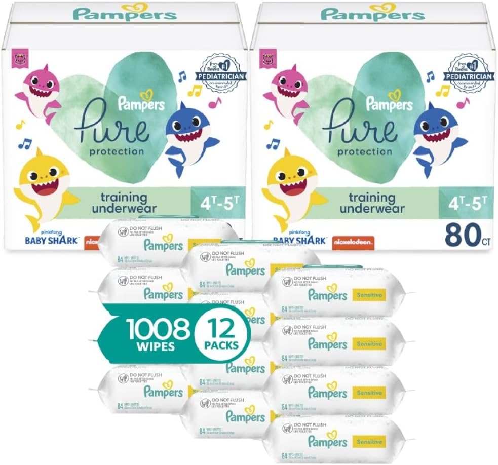 Pampers Pure Pants 4T5T (2 x 80 Count with Sensitive Water Based Baby Wipes, 12X Pop-Top Packs (1008 Count)