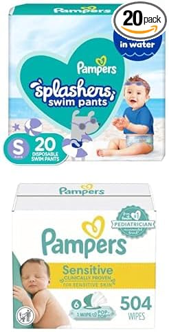 Pampers Splashers Swim Diapers - Size S, 20 Count, Gap-Free Disposabl + Pampers Sensitive Baby Wipes, Water Based, Hypoallergenic and Unscented, 6 Flip-Top Packs (504 Wipes Total) [Packaging May Vary]