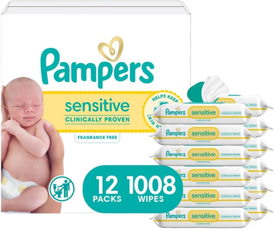 Pampers Baby Wipes, Sensitive, Water Based Wipe, Clinically Proven, Hypoallergenic, and Unscented for Babies, 1008 Wipes Total (12 Flip-Top Packs) [Packaging May Vary]