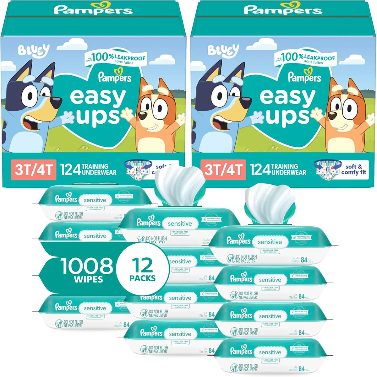 Pampers Easy Ups Pull On Training Underwear Boys, 3T-4T, 2 Month Supply (2 x 124 Count) with Sensitive Water Based Baby Wipes 12X Multi Pack Pop-Top and Refill (1008 Count)