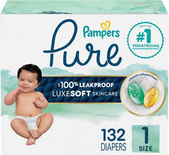 Pampers Pure Protection Baby Diapers, Size 1 (8-14 lbs), 132 Count, Up to 100% Leakproof, Premium Plant-based Skin Protection, Hypoallergenic Soft Diapers