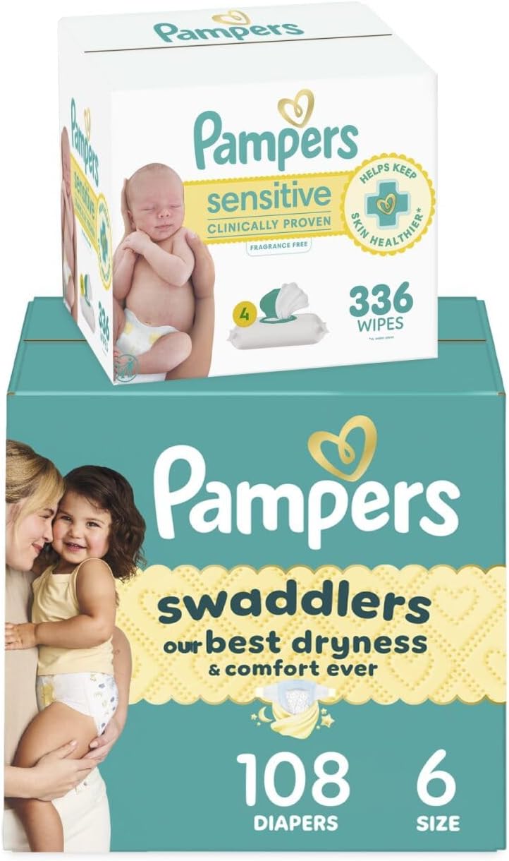 Pampers Swaddlers Disposable Baby Diapers Size 6, 108 Count with Sensitive Water Based Baby Wipes 4X Pop-Top Packs (336 Count)