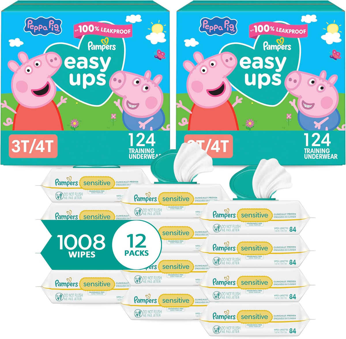 Pampers Easy Ups Pull On Training Underwear Girls, 3T-4T, 2 Month Supply (2 x 124 Count) with Sensitive Water Based Baby Wipes 12X Multi Pack Pop-Top and Refill (1008 Count)