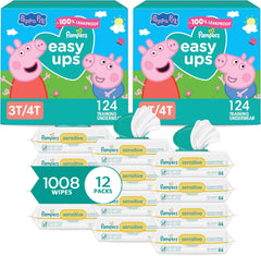 Pampers Easy Ups Pull On Training Underwear Girls, 3T-4T, 2 Month Supply (2 x 124 Count) with Sensitive Water Based Baby Wipes 12X Multi Pack Pop-Top and Refill (1008 Count)