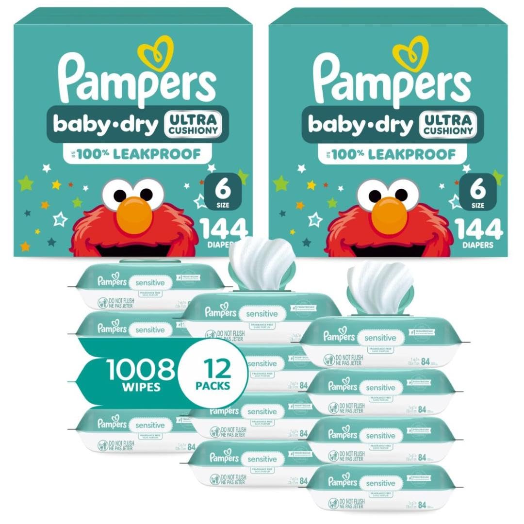 Pampers Baby Dry Disposable Baby Diapers Size 6, 2 Month Supply (2 x 144 Count) with Sensitive Water Based Baby Wipes 12X Multi Pack Pop-Top and Refill (1008 Count)