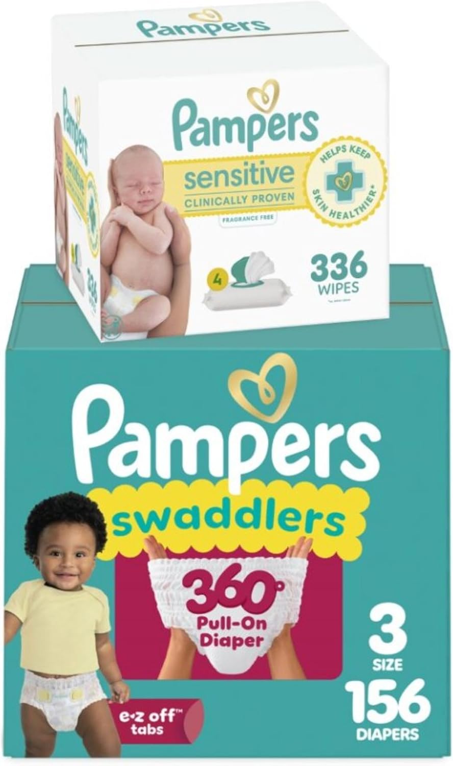 Pampers Swaddlers 360 Pull-On Diapers, Size 3, 156 Count, with Sensitive Baby Wipes, 4 Flip-Top Packs (336 Wipes Total) [Packaging May Vary]