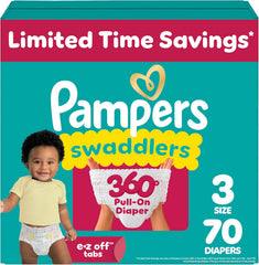 Pampers Diapers - Swaddlers 360° - Size 3, 70 Count, up to 100% Leakproof Comfy Dry Fit, Designed for Easy Changes, Pull On Baby Diaper (Packaging May Vary)