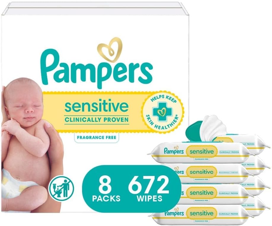 Pampers Baby Wipes, Sensitive, Water Based Wipe, Clinically Proven, Hypoallergenic, and Unscented for Babies, 672 Wipes Total (8 Flip-Top Packs) [Packaging May Vary]