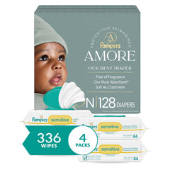 Pampers Amore, Size 0 (up to 10 lbs), 128 Count + Pampers Baby Wipes, Sensitive, Water Based Wipe, Clinically Proven, Hypoallergenic, and Unscented for Babies, 336 Wipes Total (4 Flip-Top Packs)