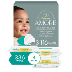 Bundle of Pampers Amore, Size 3 (13-26 lbs), 116 Count + Baby Wipes, Sensitive, Water Based Wipe, Clinically Proven, Hypoallergenic, and Unscented for Babies, 336 Wipes Total (4 Flip-Top Packs)