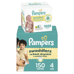 Pampers Swaddlers Disposable Baby Diapers Size 4, 150 Count with Sensitive Water Based Baby Wipes 12 Flip-Top Packs (1008 Wipes Total)