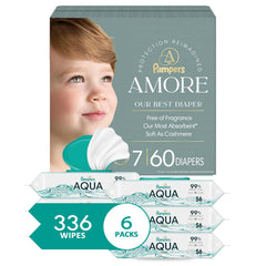 Bundle of Pampers Amore, Size 7 (26-50 lbs), 60 Count, Our Best Diaper + Pampers Aqua Pure Baby Wipes, 99% Water, Fragrance Free, 336 Baby Wipes Total (6X Flip-Top Packs) [Packaging May Vary]