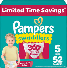 Pampers Diapers - Swaddlers 360° - Size 5, 52 Count, up to 100% Leakproof Comfy Dry Fit, Designed for Easy Changes, Pull On Baby Diaper (Packaging May Vary)