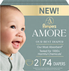 Pampers Amore, Size 2 (10-22 lbs), 74 Count, Our Best Diaper – Hypoallergenic & Fragrance Free, Up to 100% Leakproof, Soft as Cashmere